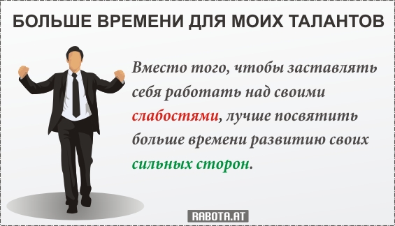 Вместо того, чтобы заставлять себя работать над своими слабостями, лучше посвятить больше времени развитию своих сильных сторон.